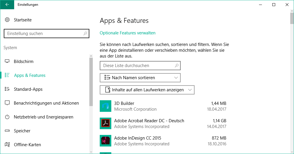 windows 10 apps & features